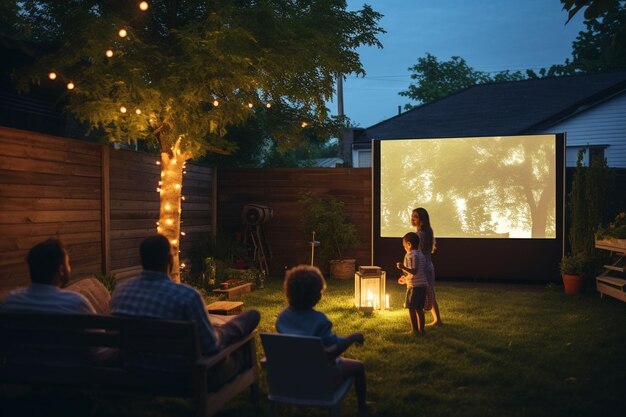 Photo family movie night with the father projecting a generative ai