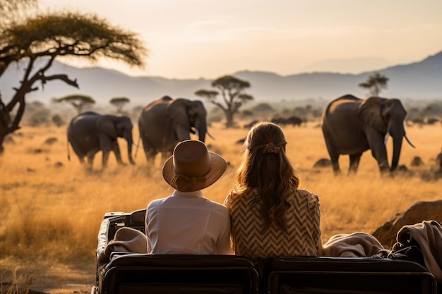 Photo a family observing a herd of elephants from their vantage point generative ai