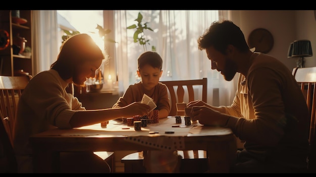 사진 세 명의 가족이 집에서 카드를 치고, 거실의 테이블에 앉아 있고, 태양은 창문을 통해 빛나고 있습니다.