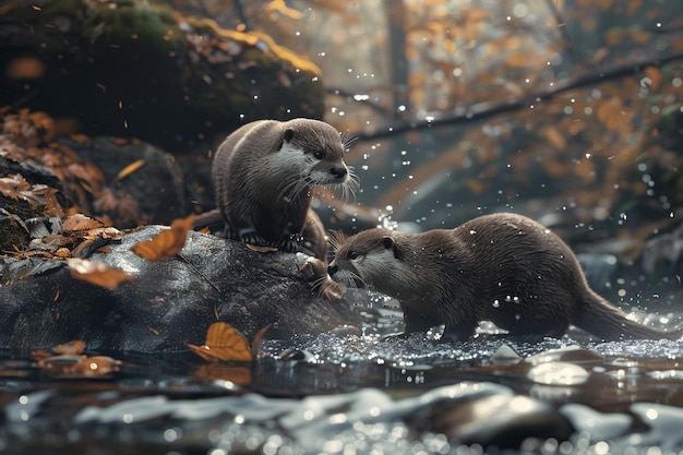 A family of otters playing in a stream