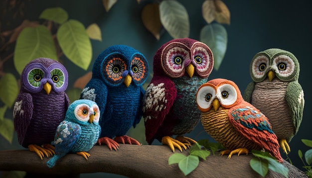 family of owls made of wool, 3d rendering