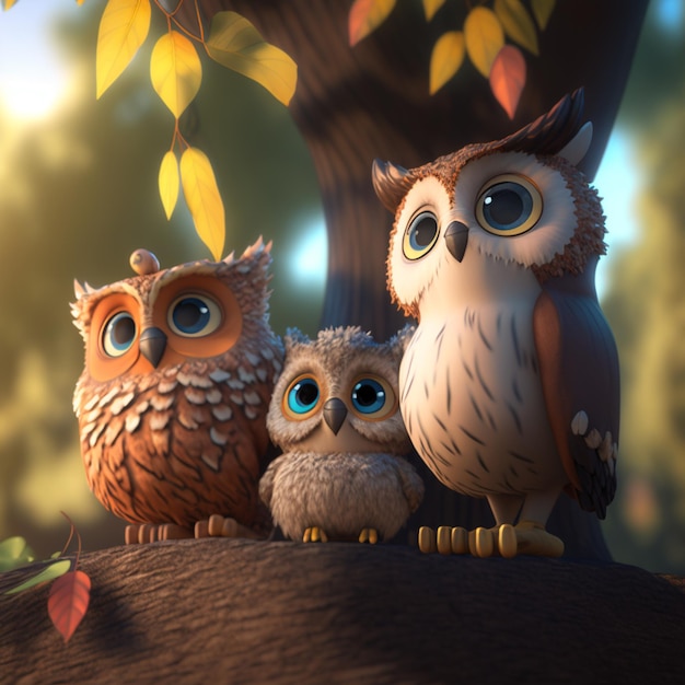 A family of owls with blue eyes and a green and yellow eye.