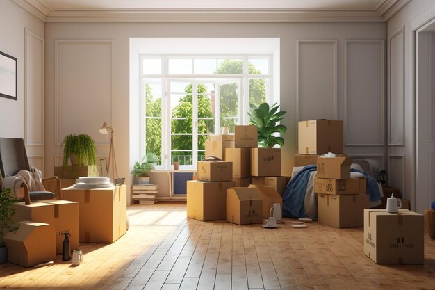A family packing and labeling moving boxes Generative ai