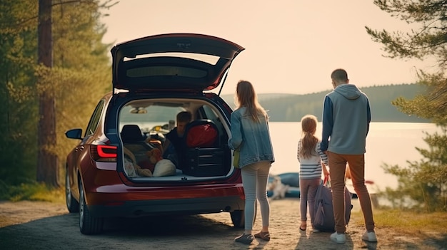 Photo the family packs things in the trunk of their new car before the trip