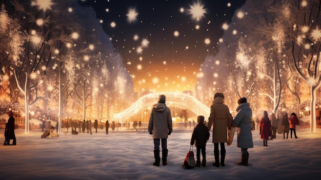 Family parents and children in a beautiful winter garden with Christmas lights on the trees in the evening