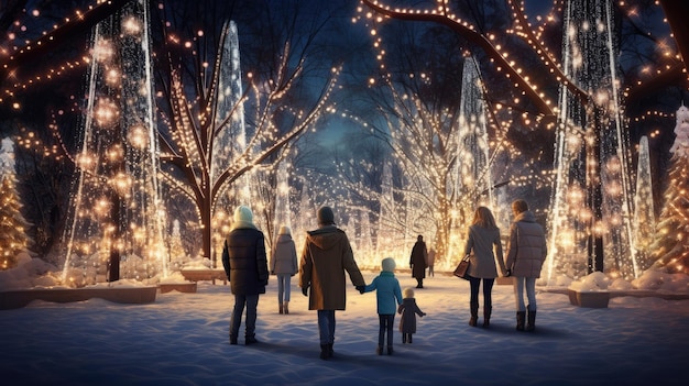 Family parents and children in a beautiful winter garden with Christmas lights on the trees in the evening