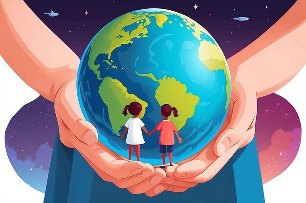 A family Parents Children stand holding hands on planet Earth in the hands of their future character of the world