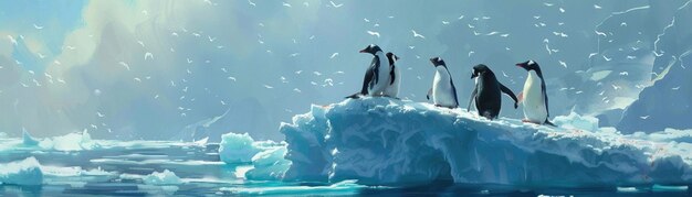 A family of penguins gathers atop a small iceberg against a backdrop of the Antarctic landscape