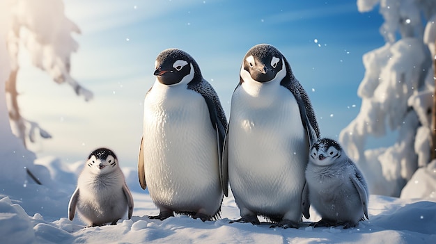 a family of penguins stand in the snow