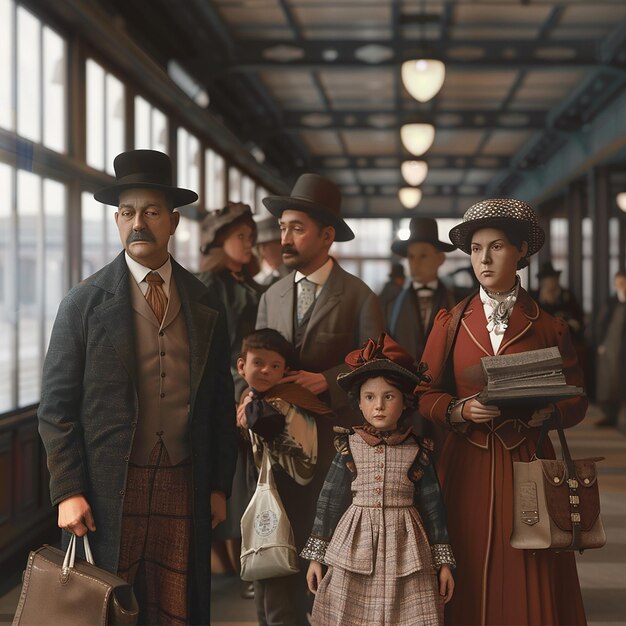 a family of people are walking down a hallway with a little girl holding a book