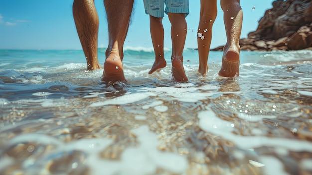 Family people feet walking on beach shore sand sea Banner background design