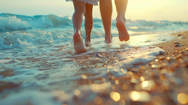 Семья, ноги, идущие по пляжу, по берегу, по песку, по морю.
