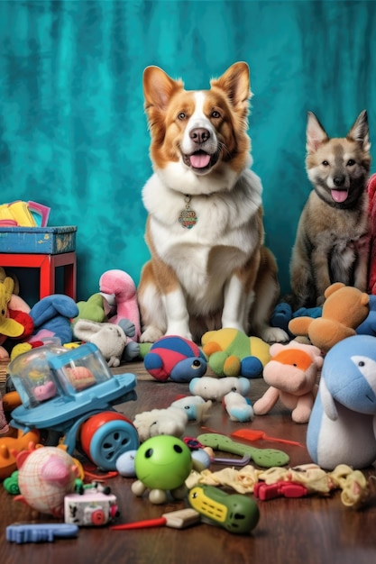 생성 AI로 만든 애완 동물 액세서리로 둘러싸인 장난감을 가지고 노는 가족 애완 동물