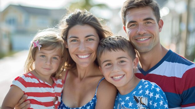Photo family photo with a family wearing patriotic clothes and a red white and blue shirt
