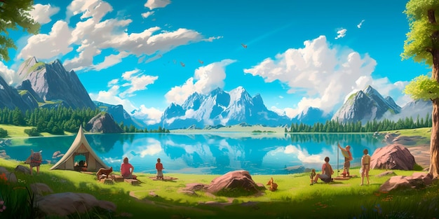 Family on a picnic by the lake against the backdrop of mountains Generative ai