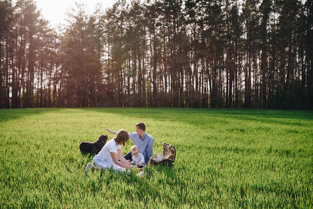 Family on a picnic in the forest. In the meadow. Picnic basket with food. The dog runs and wants to play. A child with glasses. Blue color in clothes. To eat outdoors. Time with family.