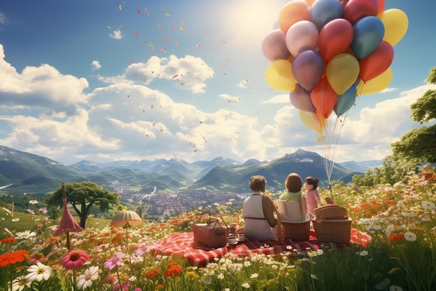 A family picnic on a hillside with colorful balloo 00122 03