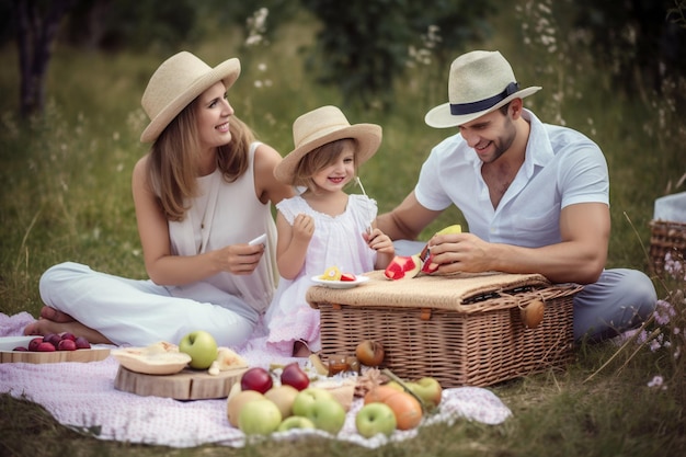 Family picnic in the park with a basket full of fruit