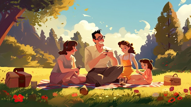 公園で家族でピクニックをしており、男性がビールを一杯飲んでいる。