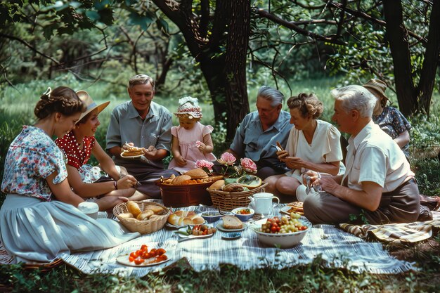 A family picnic scene with generations