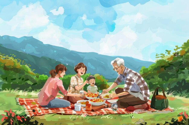 A family picnic scene with generations