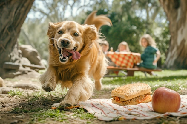 A family picnic turns into a comedic spectacle with a playful dog