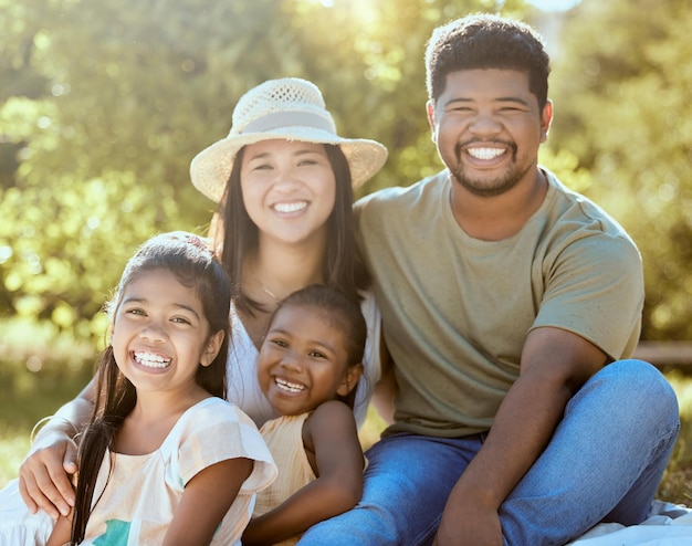 family picnic and vacation of children mom and dad together in nature park happy about summer love and lifestyle life insurance savings and philippines holiday portrait with man woman and kids