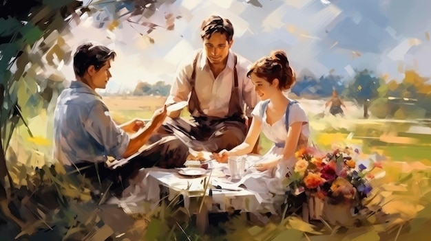 Family picnic with barbecue family meeting illustration