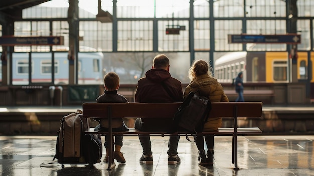 Family on platform of railway train station Family vacation Family travel trip