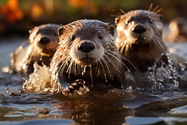 A family of playful otters sliding down a riverbank into the water