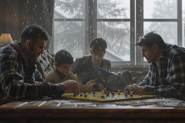 A family playing board games on a rainy day