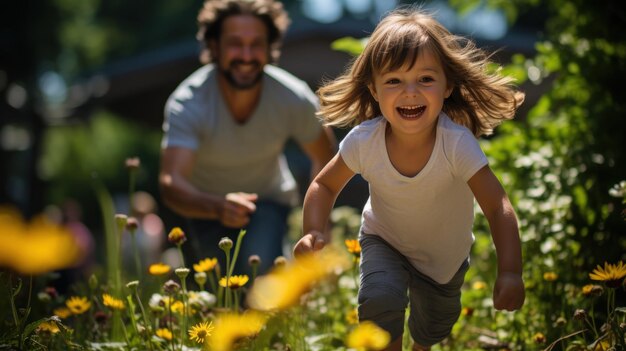 A family playing chase in their garden