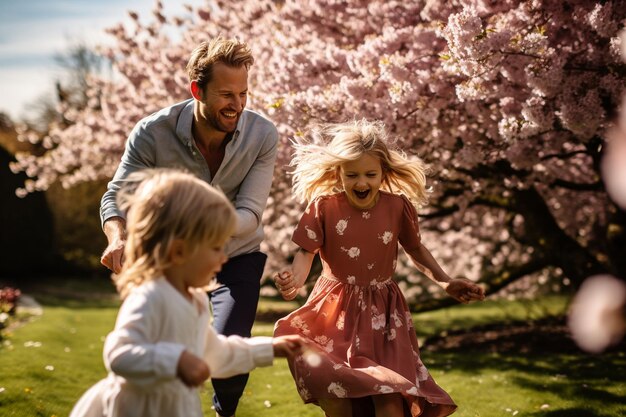 Family playing in a field of cherry blossoms