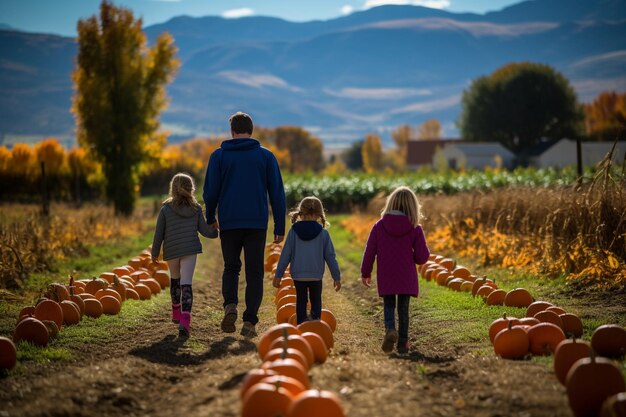 Family playing in a field of pumpkins