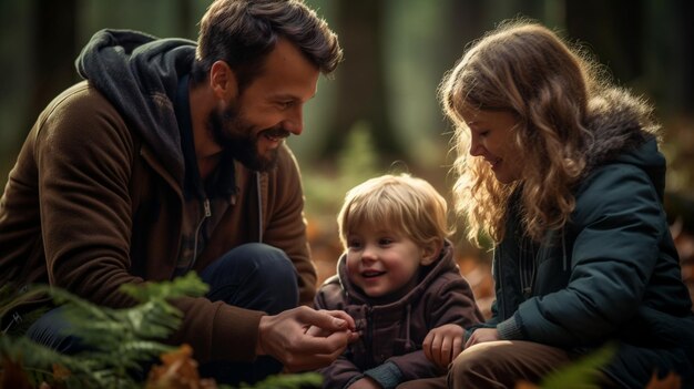 A family playing in the forest with a child