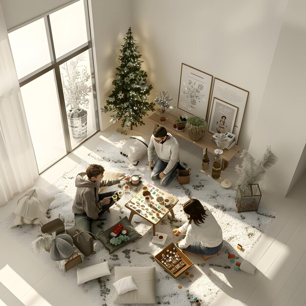a family playing a game in a room with a christmas tree and a christmas tree