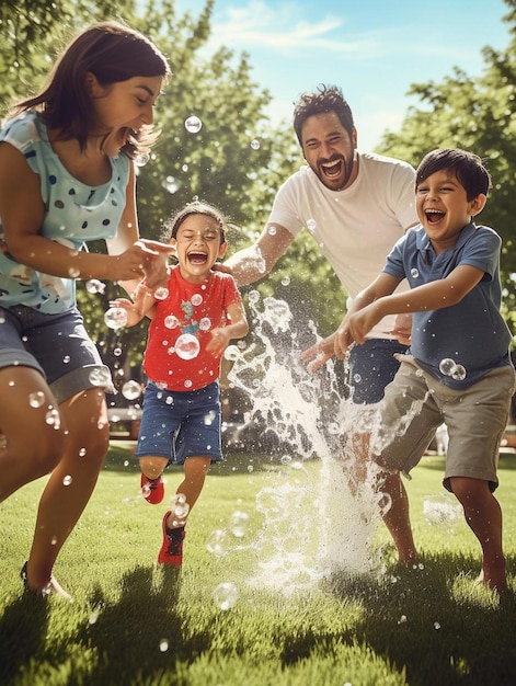 A family playing in the grass with water splashing around their necks.