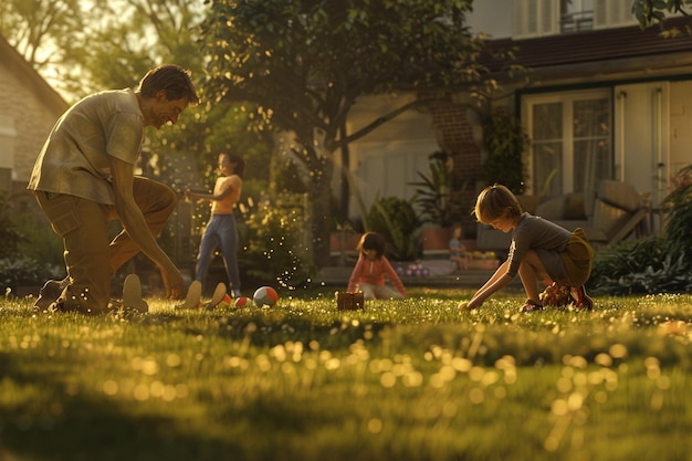 Photo family playing lawn games