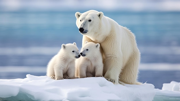 A family of polar bears in the Arctic tundra