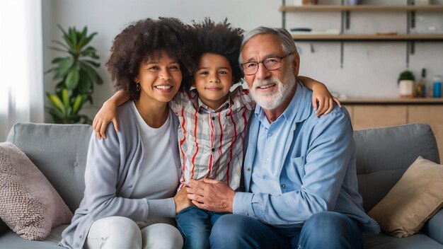 写真 家族の肖像画と子供と祖父母がリビングルームで抱きしめ合い,幸せな愛と甘いボン