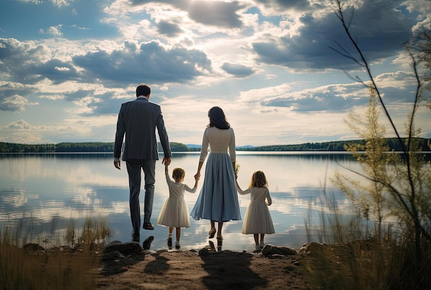 Photo family portrait holding hands at a lake in the style of joyful landscapes