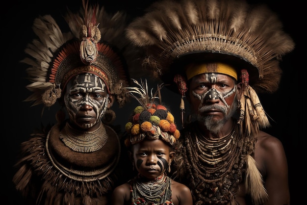 Papua New Guinea Ai 생성 예술의 Huli Wigmen 부족의 가족 초상화