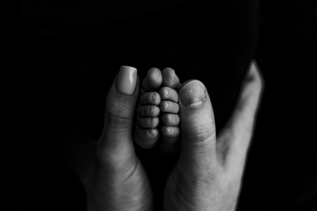 Family portrait newborn photography idea. Mother's hand, father's hand and baby feet together