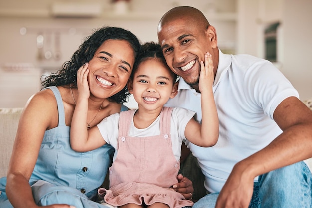 Photo family in portrait parents and happy child relaxing at home in support love or bonding together on sofa happiness people or living room with relationship and spending quality time at the weekend