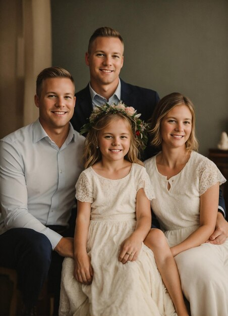 a family portrait with a flower crown on their head