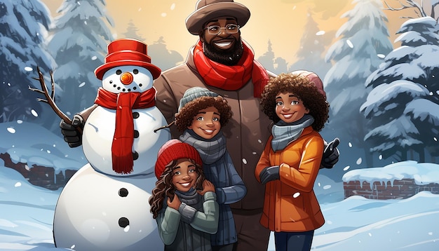 семейный портрет со снеговиком и снеговиком
