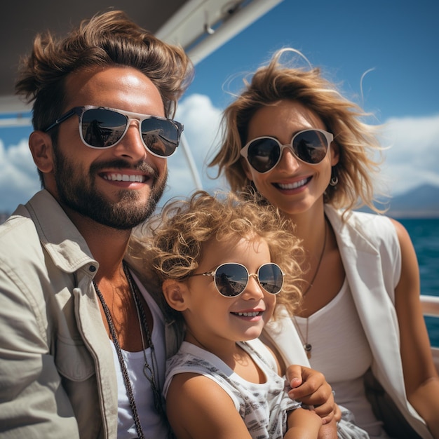 A family portrait with sunglasses on a boat.