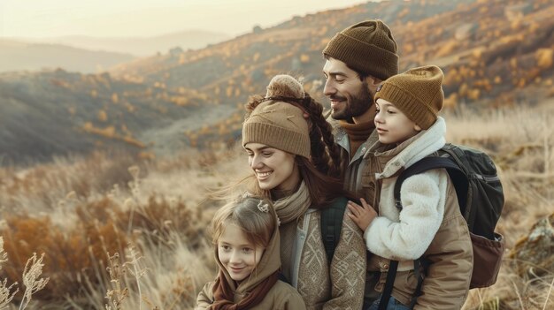 A family poses for a photo in the mountains