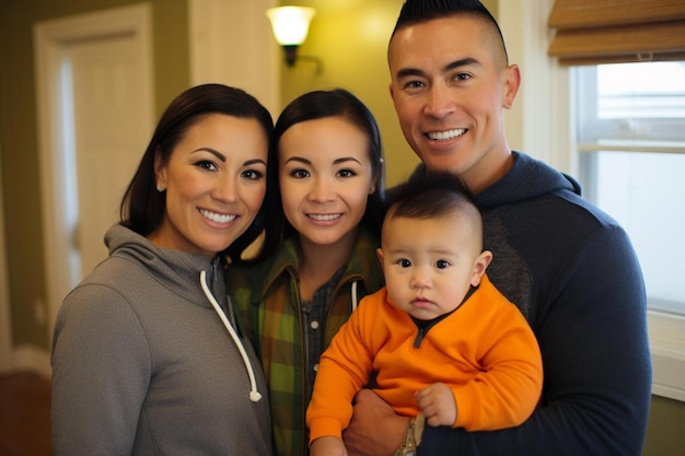 Foto una famiglia posa per una foto con un bambino e una donna