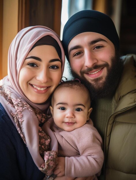 Foto una famiglia posa per una foto con un bambino